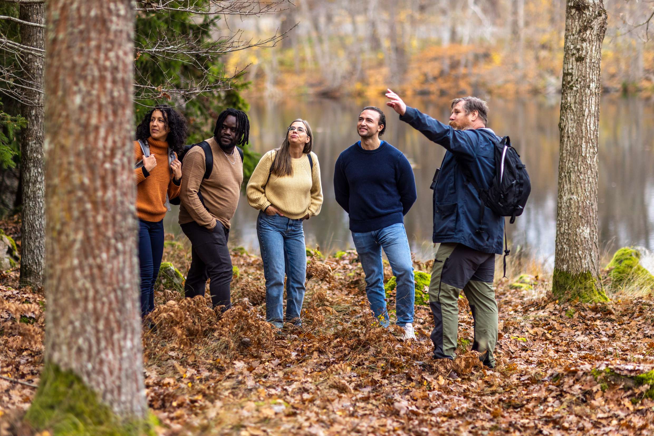 Bilden visar ett skogsparti vid en sjö där en guide står och pekar upp mot ett träd och fyra personer står nedanför honom och tittar åt det hållet han pekar.